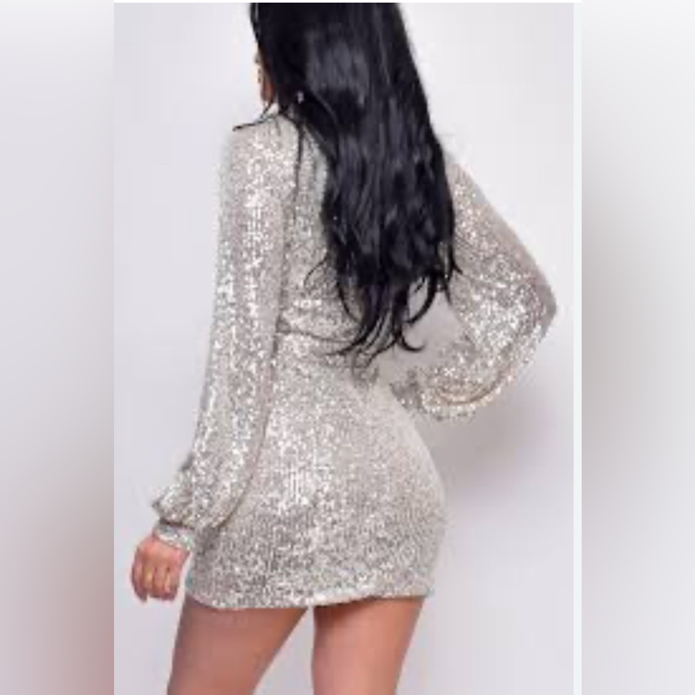 EMPRADA Shimmering silver Long Sleeve Dress